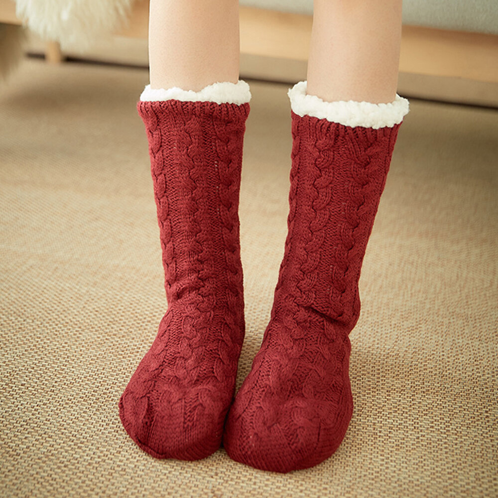 Mujer Invierno cálido al aire libre Color sólido Plus Terciopelo Espesar Sueño en casa calcetines Tubo calcetines