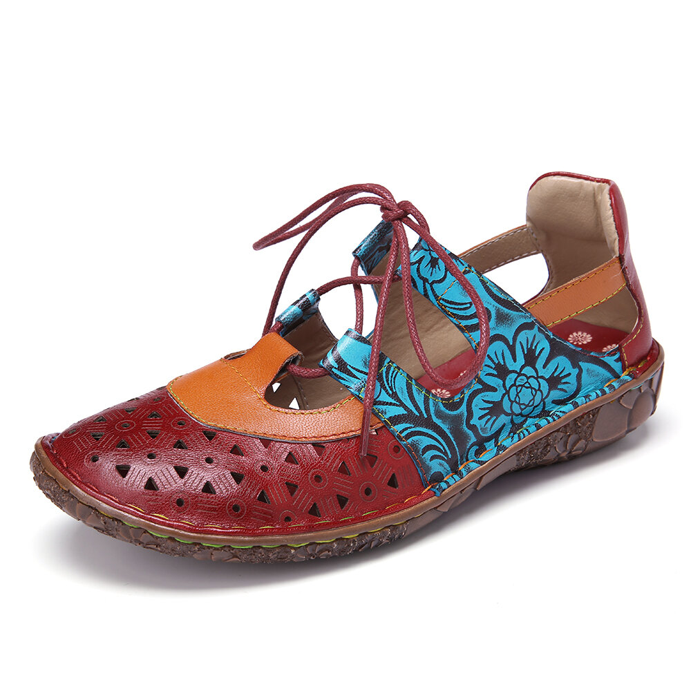 SOCOFY Bohemian Colorblock Soft Recortes de cuero Zapatos planos con cordones florales