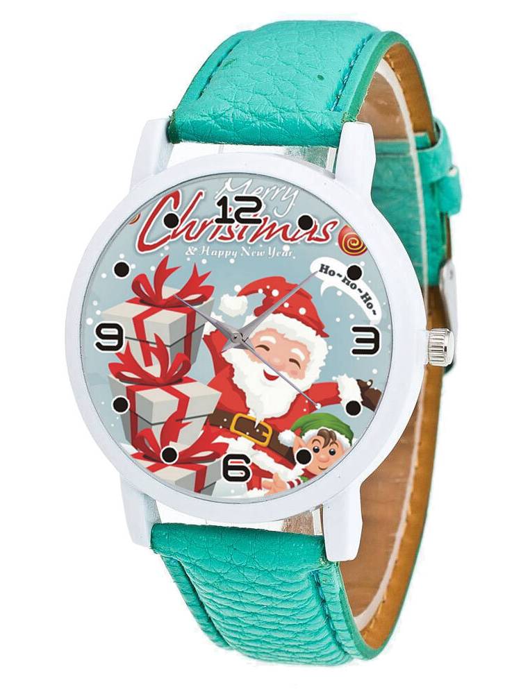 Moda Navidad Papá Noel con patrón de regalo Reloj lindo Correa de cuero Hombres Mujeres Reloj de cuarzo