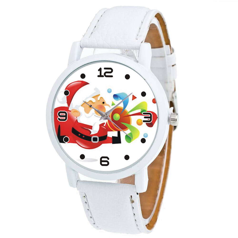Moda Navidad Papá Noel Soplando Suona Patrón Reloj lindo Correa de cuero Hombres Mujeres Reloj de cuarzo