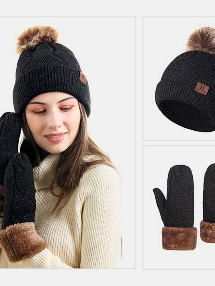 Mujeres 2PCS Lana Plus Thicken Warm Winter al aire libre Knit Guantes Knit Sombrero with Fluff Ball
