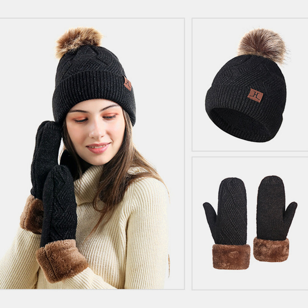 Mujeres 2PCS Lana Plus Thicken Warm Winter al aire libre Knit Guantes Knit Sombrero with Fluff Ball