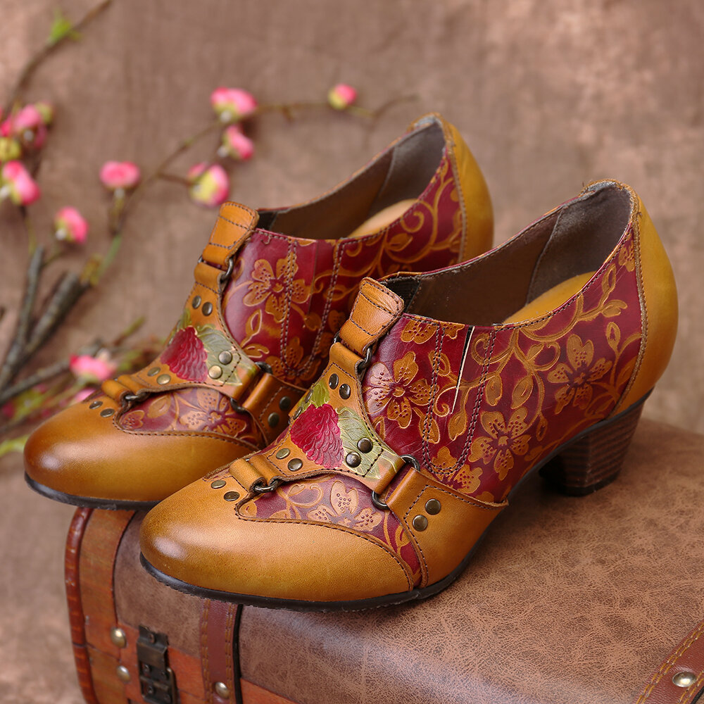 SOCOFY Cowgirl Flores retro pintadas a mano Patrón Remache Piel Genuina Zapatos de tacón bajo sin cordones