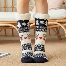 Mujer Algodón Invierno cálido al aire libre Estilo navideño Patrón Plus Velvet Thicken Home Sleep calcetines Tubo calcet