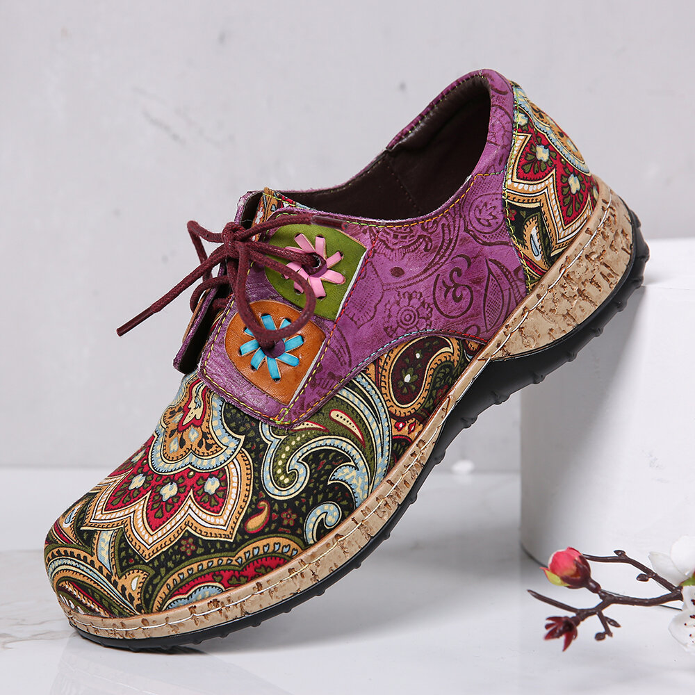 SOCOFY Folkways Patrón Zapatos planos cómodos con cordones de empalme de cuero con punta redonda