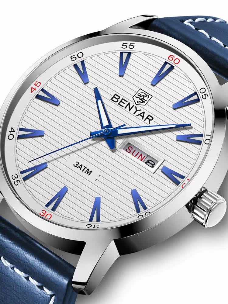 Benyar 5145 Reloj para hombre de moda Impermeable Automatic Week Pantalla Reloj de cuarzo con correa de cuero