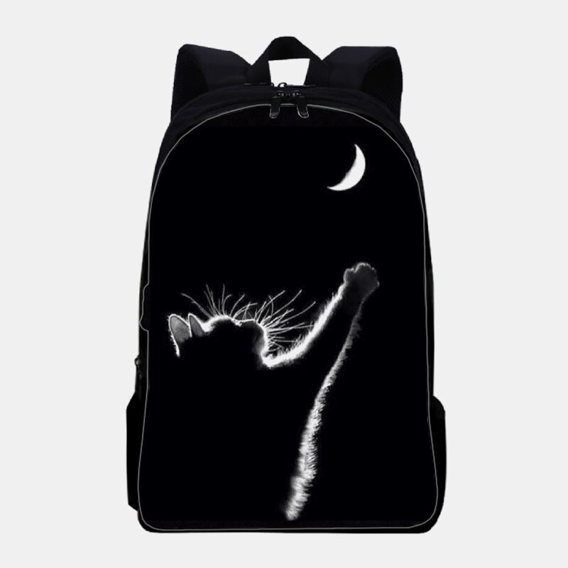 Mujeres Oxford Cloth Casual Cute Black Cat Back View y Moon Printing School Bag Mochila