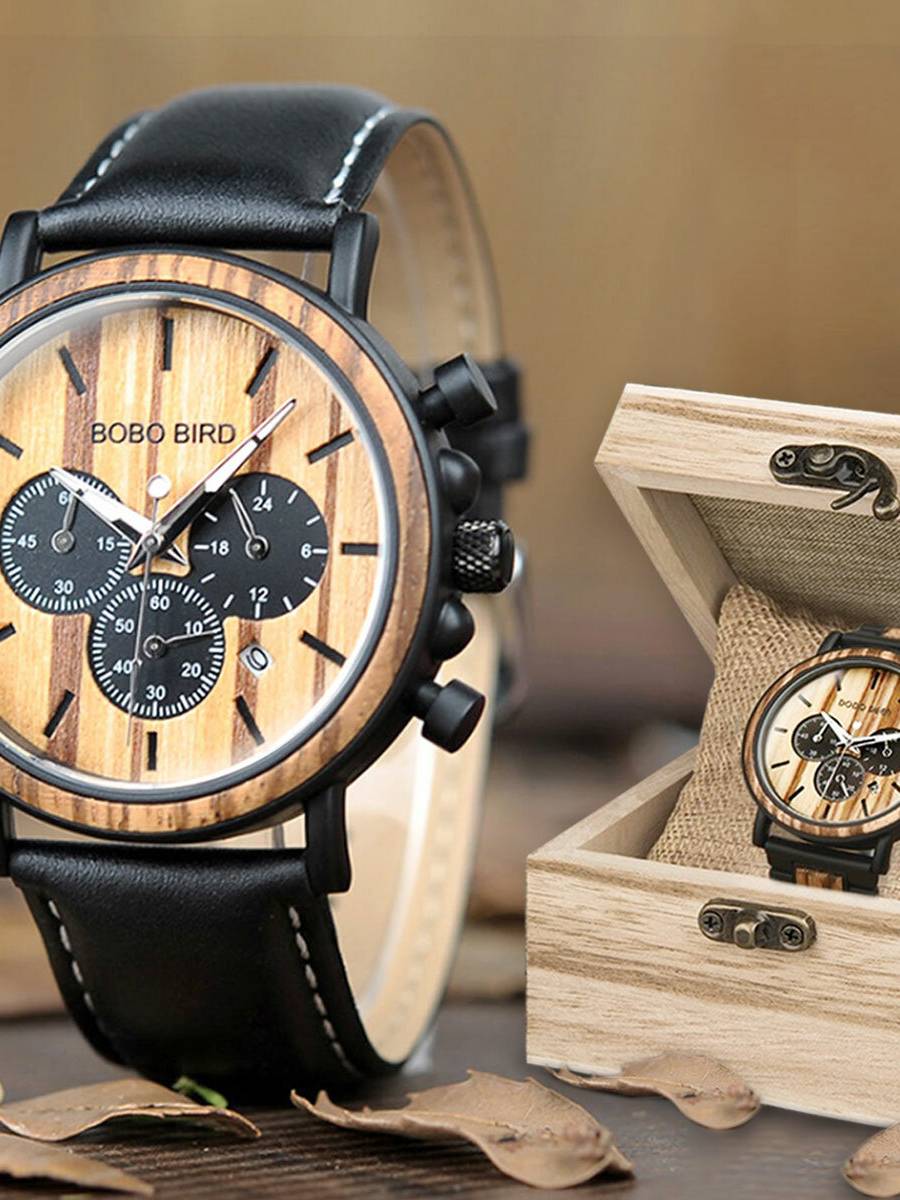 BOBO BIRD P09 Hombres Casual Fecha de madera Pantalla Relojes de pulsera Reloj de cuarzo con Caja