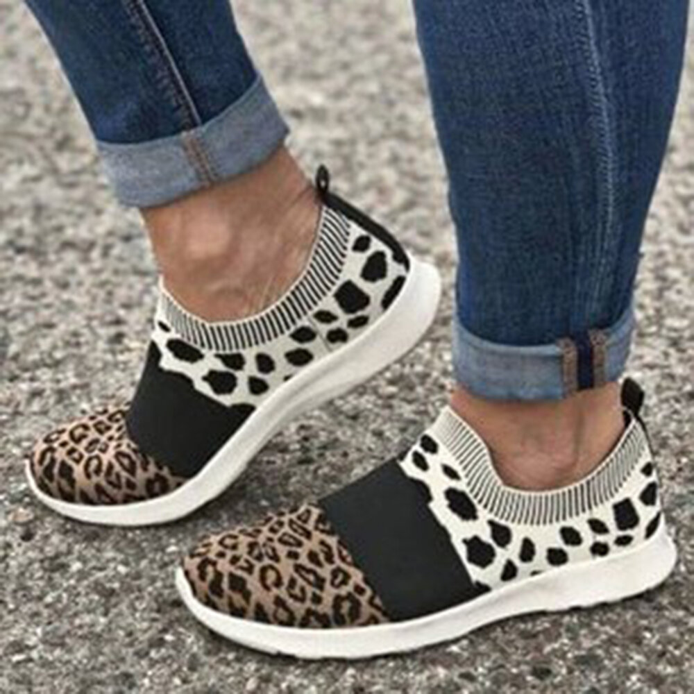 Las mujeres de gran tamaño de malla transpirable leopardo Patrón elástico Banda zapatillas sin cordones