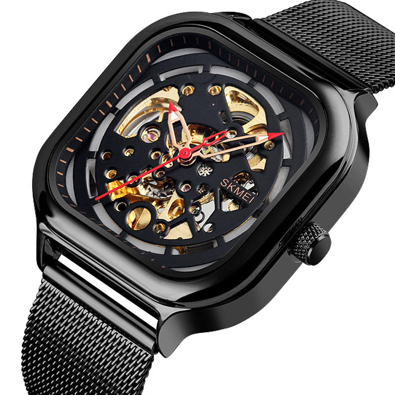 SKMEI 9184 Reloj automático para hombre de moda Impermeable Correa de acero inoxidable con diseño hueco Mecánico Reloj