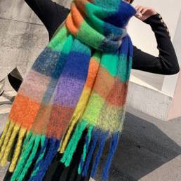 Las mujeres de cachemira de doble uso arcoíris rayas de colores mezclados espesar cálido Plus chal de bufanda de borla l