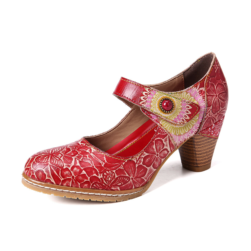 SOCOFY Retro Cuero repujado Floral Gancho Zapatos de tacón grueso con correa en el tobillo y lazo
