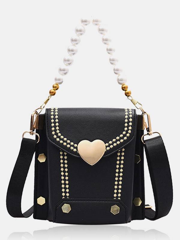 Bolso de mano con cadena de perlas con cerrojo en forma de corazón de cuero de PU para mujer Bolsa Crossbody Bolsa