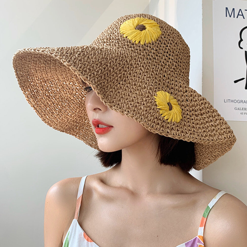 Mujeres Paja Floral Color sólido Elegante Girasol Visera de ala grande Protección solar Sombrero Playa Sombrero Cubo Som