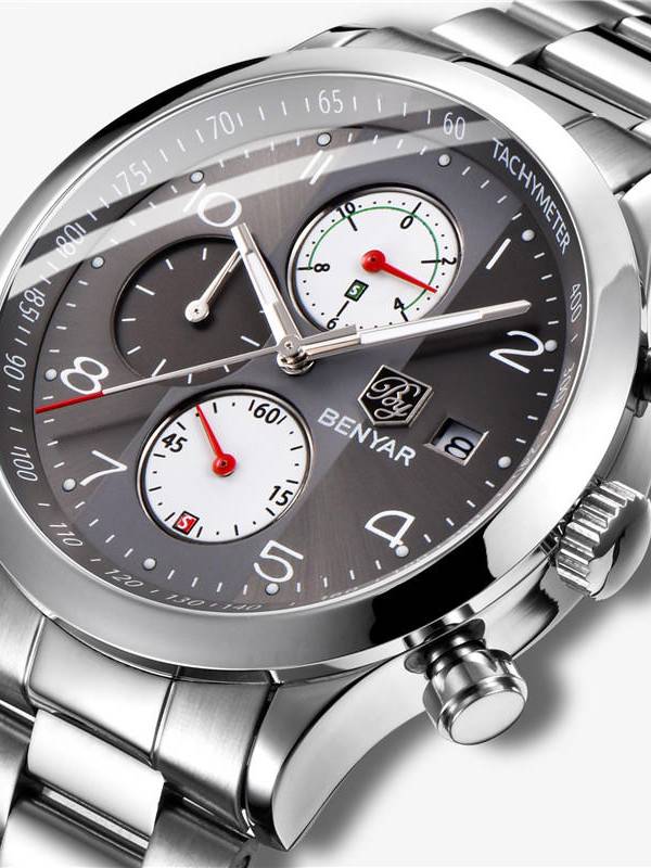 BENYAR 5133 Reloj de hombre de moda Cronógrafo Impermeable Luminoso Pantalla Reloj de cuarzo de acero completo