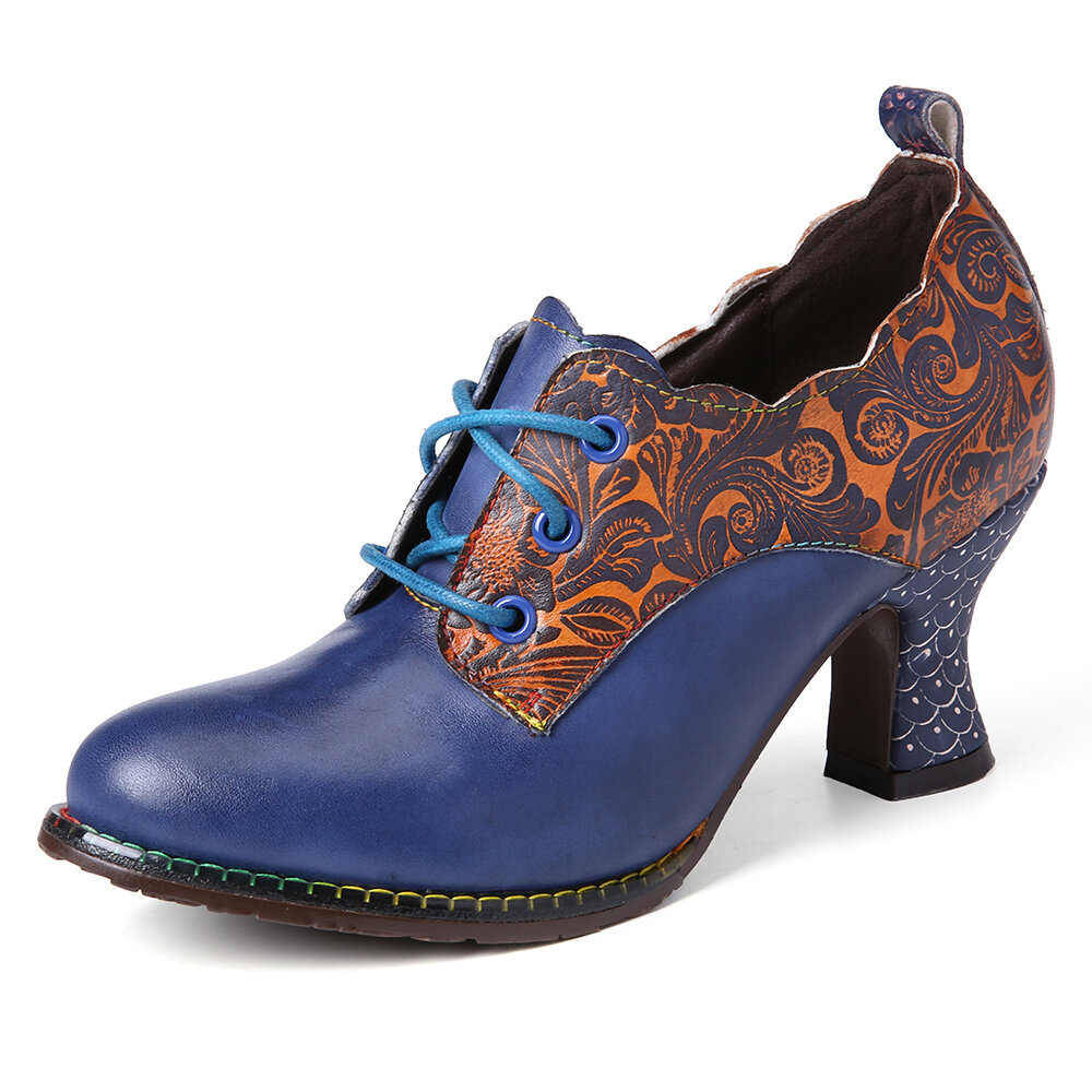 SOCOFY vendimia Zapatos de tacón grueso de cuero con costura floral y cordones con cremallera lateral