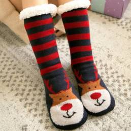 Mujeres Invierno cálido al aire libre Estilo navideño Santa Claus Elk Patrón Plus Velvet Thicken Home Sleep calcetines T