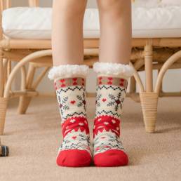Invierno cálido para mujer al aire libre Copo de nieve estilo navideño Patrón Plus Velvet Thicken Home Sleep calcetines