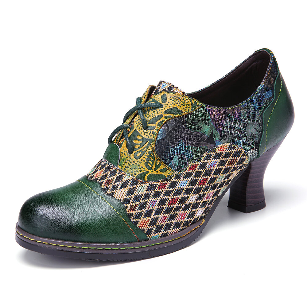 SOCOFY vendimia Zapatos de tacón grueso verdes con cordones de empalme de cuadros florales de cuero