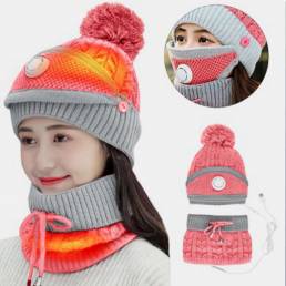 Mujeres 3PCS Carga USB Calefacción Caliente al aire libre Invierno Cuello y Protección facial de punto Sombrero Bufanda