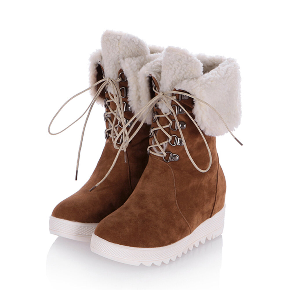 Mujer Casual Warm Fluff Flanging Lace Up Mid-Calf Snow Cotton Botas