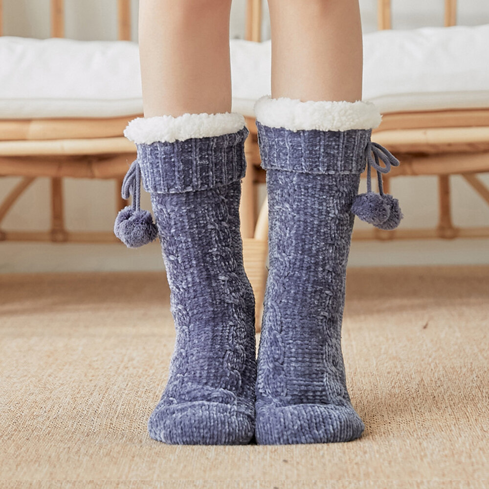 Mujer Invierno cálido al aire libre Color sólido Plus Terciopelo Espesar Sueño en casa calcetines Tubo calcetines Con pe