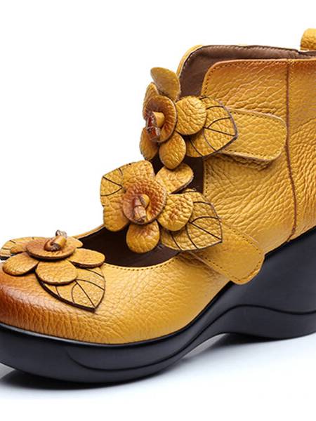 SOCOFY Mujer Piel Genuina Flower Retro Gancho Loop Platporm Zapatos