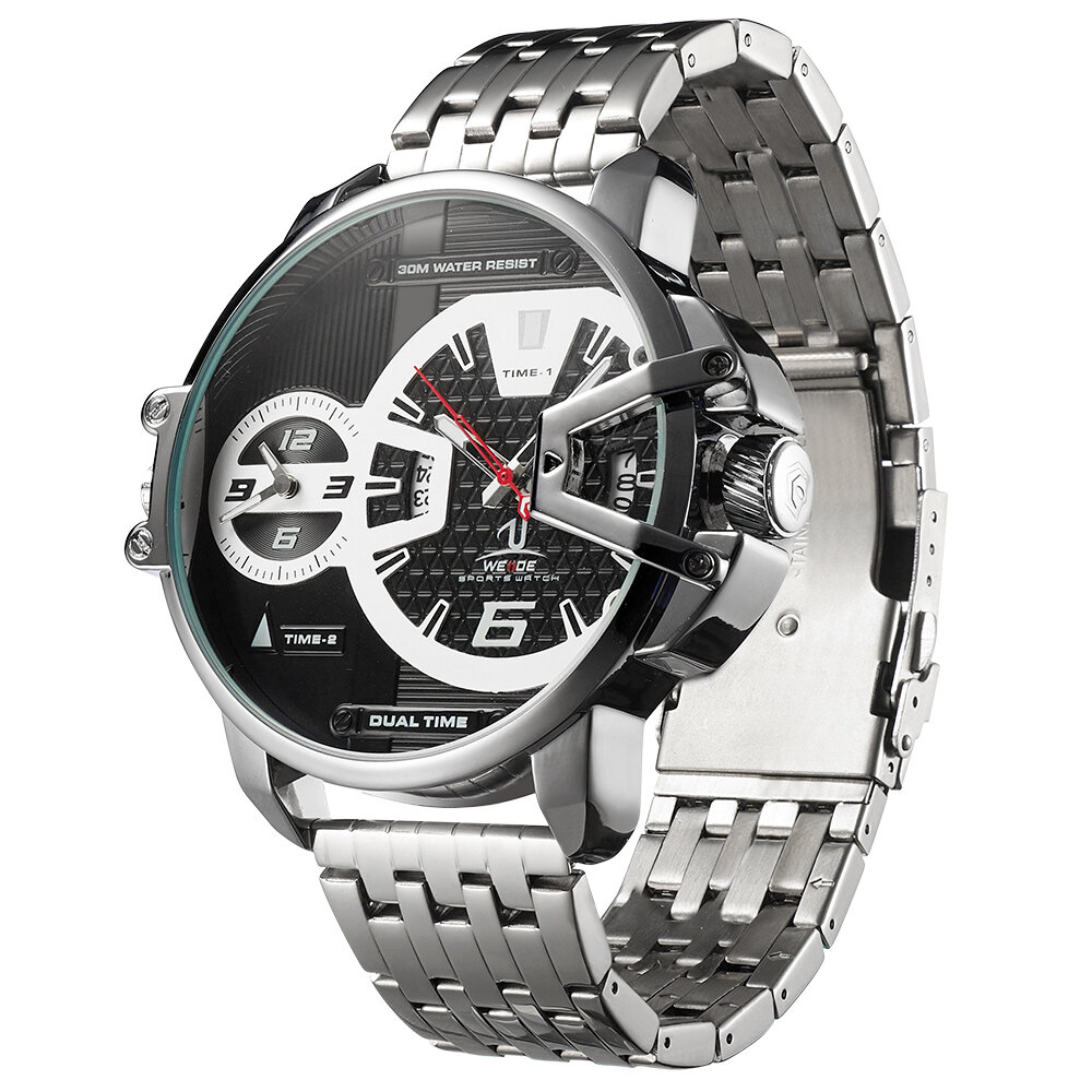WEIDE UV1702 Reloj de pulsera de hombre con calendario de doble zona horaria Reloj de cuarzo de acero inoxidable Banda