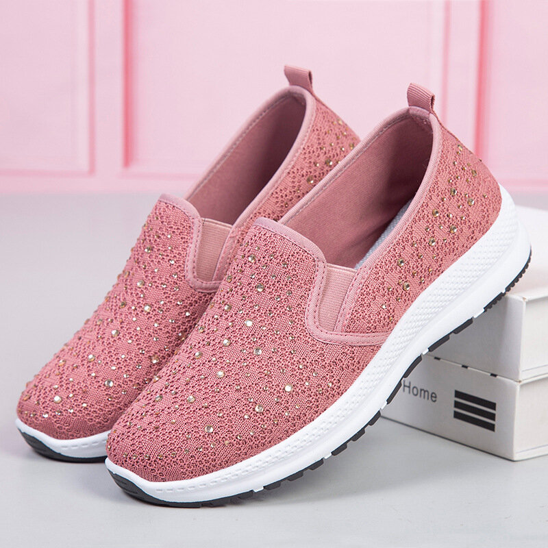 Zapatillas de deporte planas para caminar Soft de punto transpirable con diamantes de imitación casuales para mujer