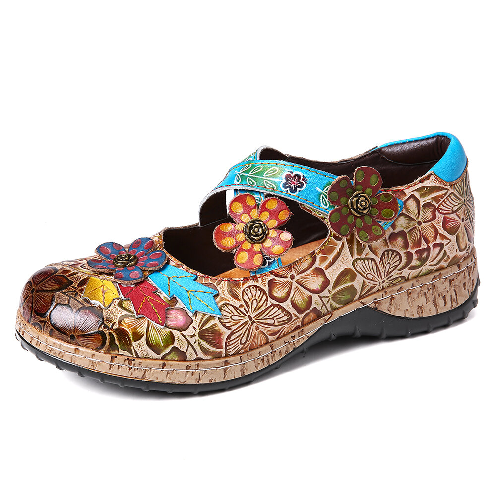 SOCOFY Retro Floral Piel Genuina Flores de correa cruzada de empalme Gancho Zapatos planos de lazo