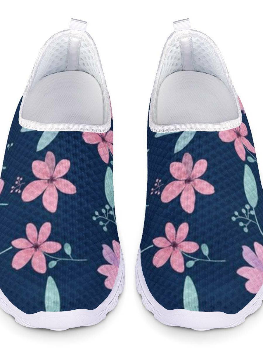Zapatos para caminar con estampado transpirable de malla floral de gran tamaño informal para mujer