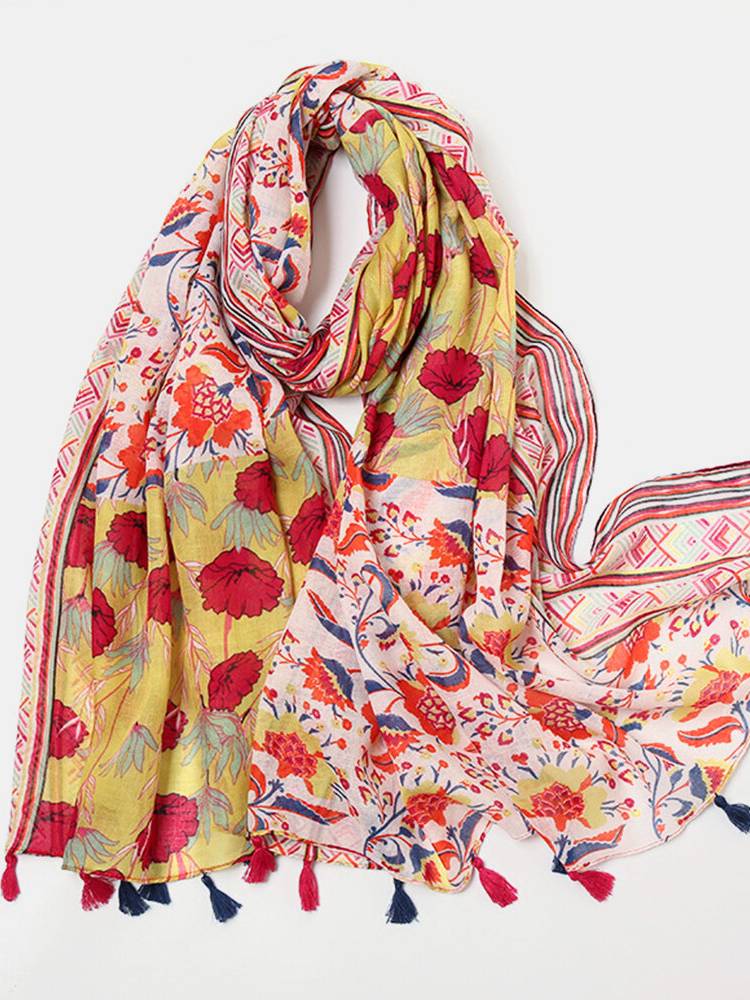 Mujer Algodón Color Flor Patrón Bufanda Bohemia Borla larga Parasol de doble uso Mantón cálido