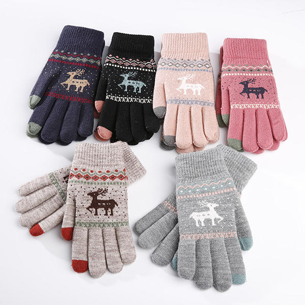 Mujer Niñas invierno Crochet tejidos cálido Guantes Pantalla táctil lindo ciervo impresión mitones