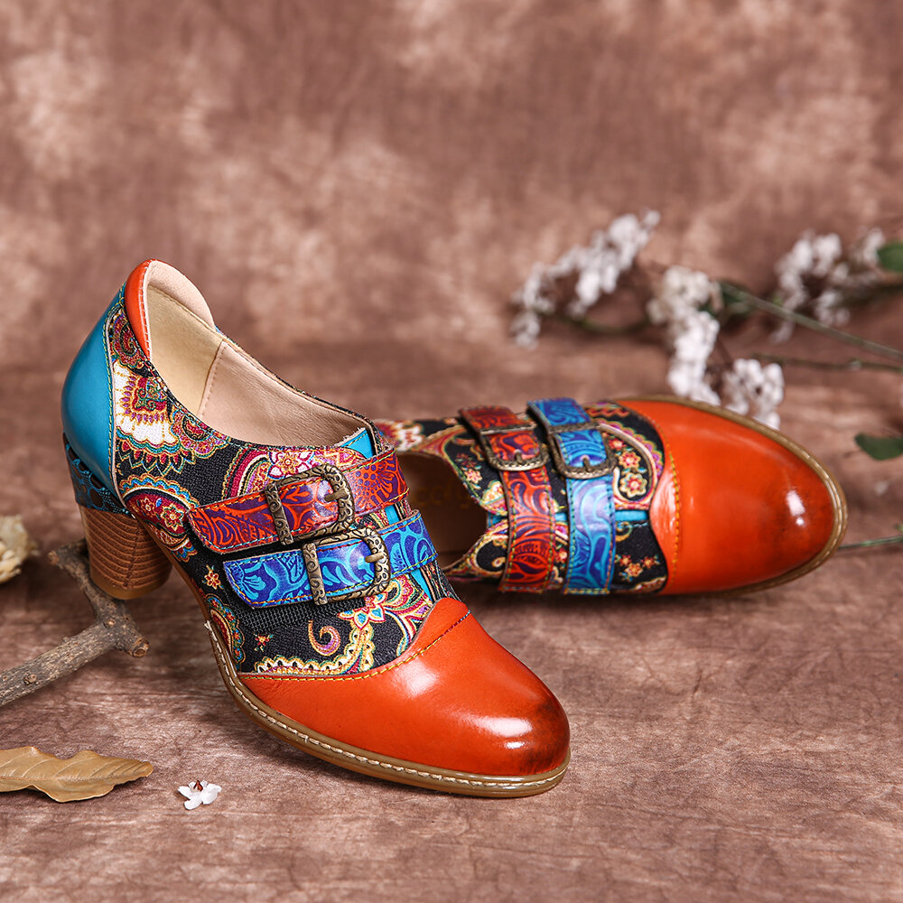 SOCOFY Retro Piel Genuina Folkways Gancho Zapatos de tacón grueso con correa de hebilla y lazo