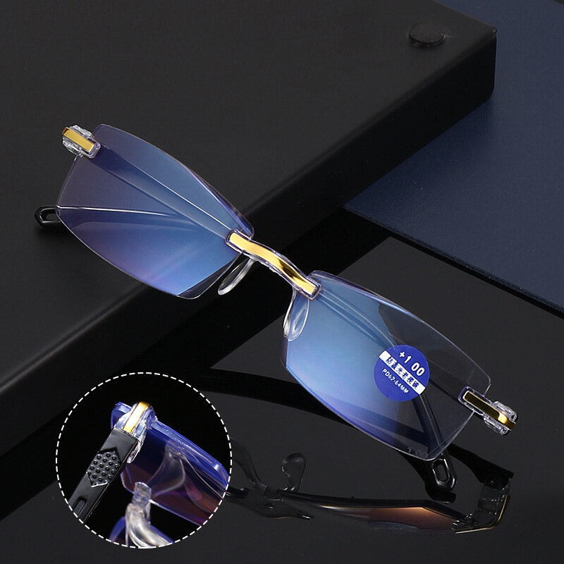 Unisex Anti-blue Light Sin marco HD Recorte de diamantes Lectura de doble uso Gafas Presbyopic Gafas