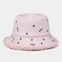 Mujer Cashmere And Suede Warm Soft Estrellas bordadas al aire libre Bucket Sombrero