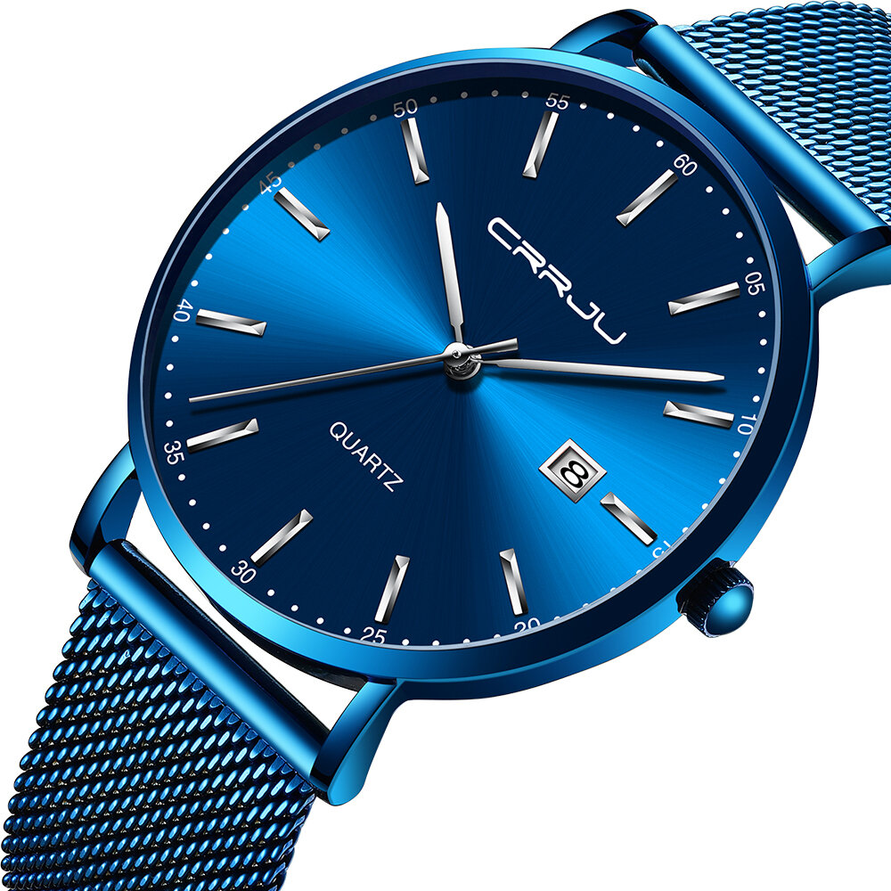 CRRJU 2161 Business Style Date Pantalla Luxury Blue Dial Correa de acero completa para hombres Reloj de cuarzo