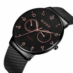 BIDEN BD0047 Ultra Thin Casual Style Reloj de pulsera para hombre Semana Pantalla Malla de acero reloj de cuarzo