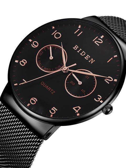 BIDEN BD0047 Ultra Thin Casual Style Reloj de pulsera para hombre Semana Pantalla Malla de acero reloj de cuarzo