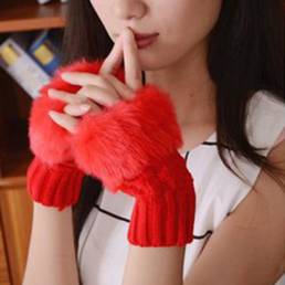 Mujer Cálido de invierno hecho punto espesar sin dedos Guantes Conejo artificial Cabello manga de medio dedo