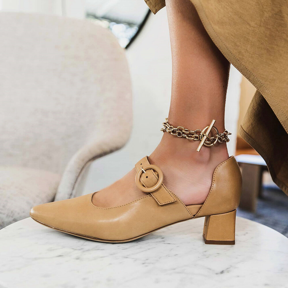 Zapatos de tacón grueso con hebilla en el tobillo de color sólido con punta puntiaguda elegante para mujer