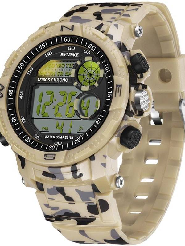 SYNOKE 9033 Reloj deportivo para hombre Impermeable Fecha luminosa semana Pantalla Reloj digital camuflaje al aire libre