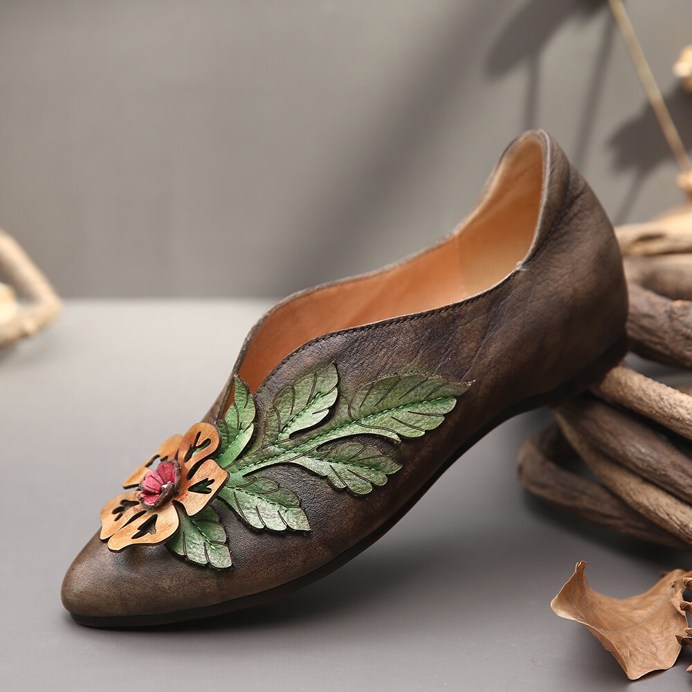 SOCOFY Selva tropical retro Empalme Hojas florales Zapatos planos cómodos de cuero elegantes
