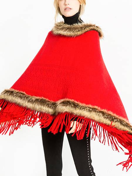 Mujer borla de piel sólida poncho con capucha bufandas calientes
