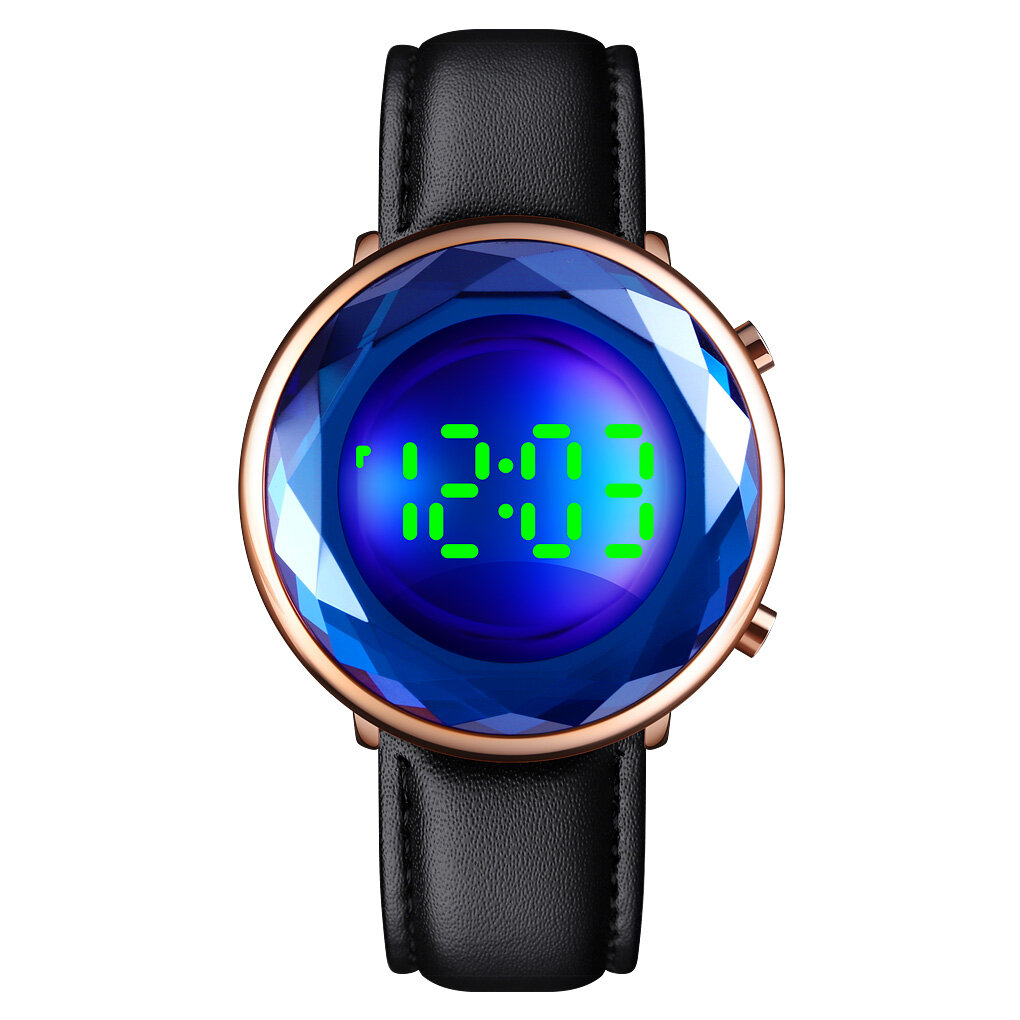 SKMEI 1460 esfera tridimensional creativa de cristal tallado fecha luminosa Pantalla Piel Genuina reloj digital con corr