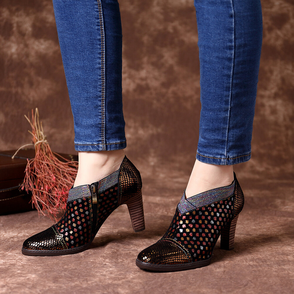 SOCOFY Comfy Piel Genuina Colorful Zapatos de tacón alto con cremallera y costura de puntos ondulados