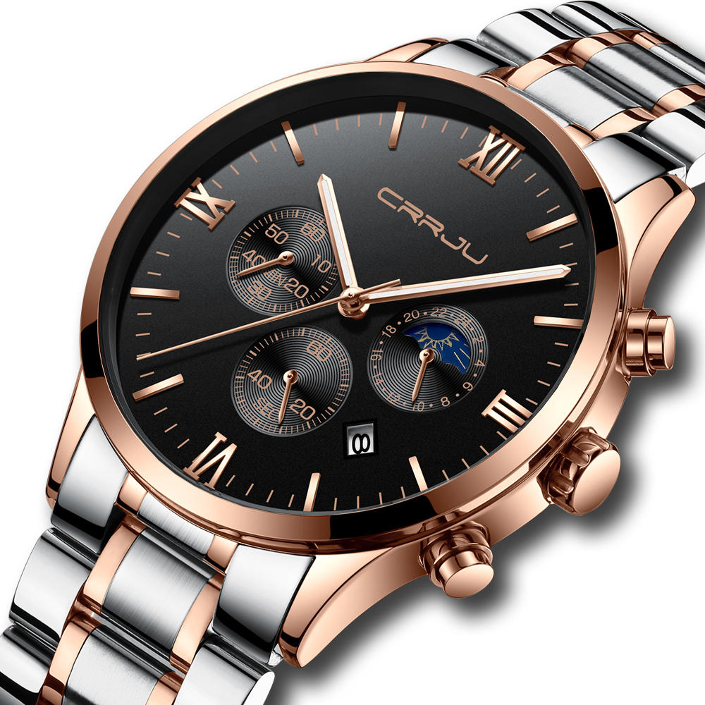 CRRJU 2159 Reloj de cuarzo con correa de acero inoxidable 316L estilo crono de los hombres de negocios de Sun Moon.
