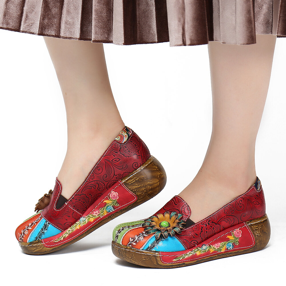 SOCOFY Retro Floral en relieve Piel Genuina Zapatos de plataforma sin cordones casuales