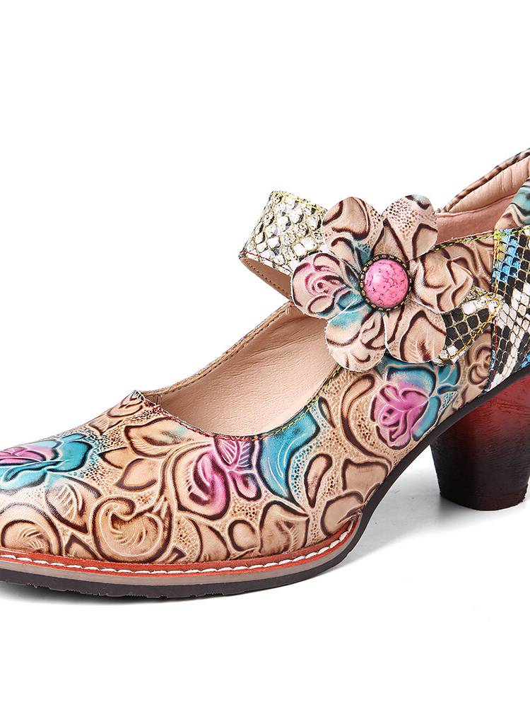 SOCOFY Zapatos de tacón grueso con punta redonda de piel de serpiente con empalme floral de cuero retro