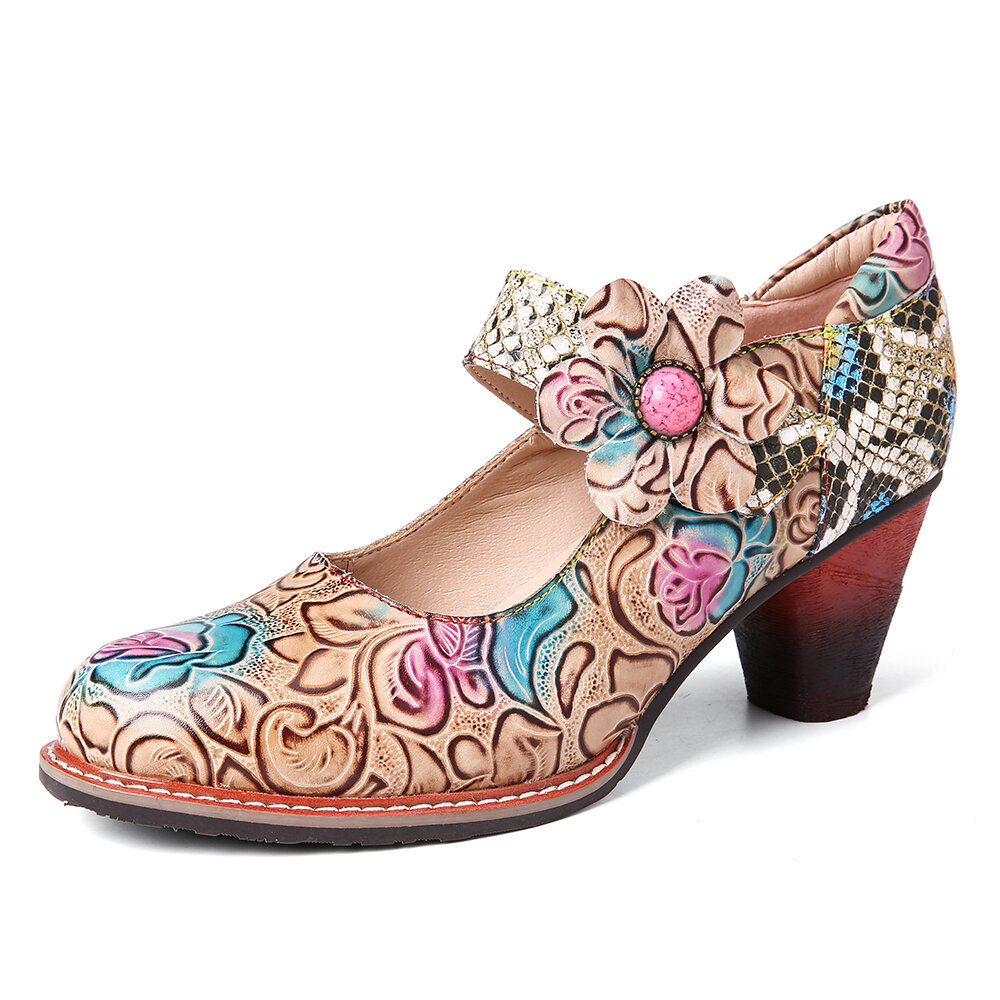 SOCOFY Zapatos de tacón grueso con punta redonda de piel de serpiente con empalme floral de cuero retro